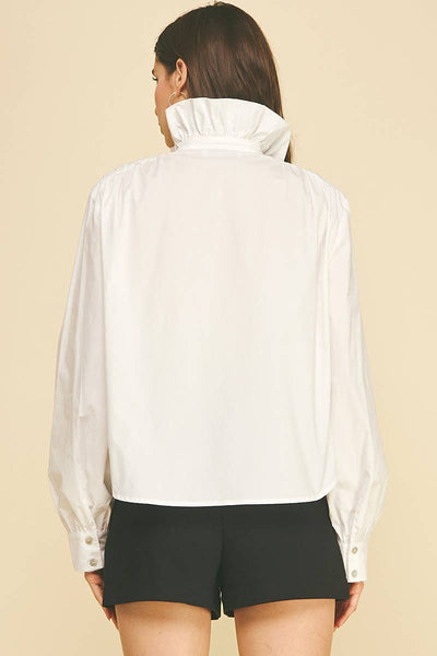 Ruffled High-neck Button Down Shirt: Off White