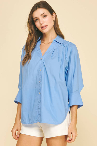 V-Neck Collar Wide Cuff Shirt - French Blue
