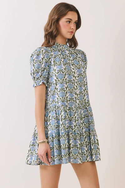 Floral Print Puff Sleeve Button Front Mini Dress - Blue