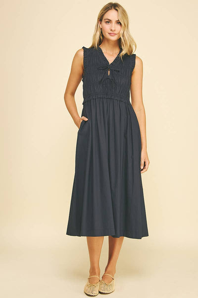 Front-Tie Smocking Midi Dress - Ink