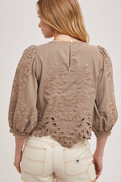 Lace Cutouts Bubble Sleeve Top: Ivory