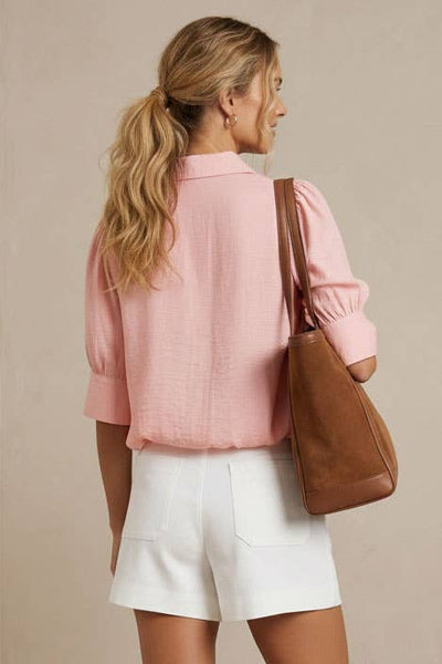 Half Sleeve Hi-lo Bubble Hem Blouse - English Rose
