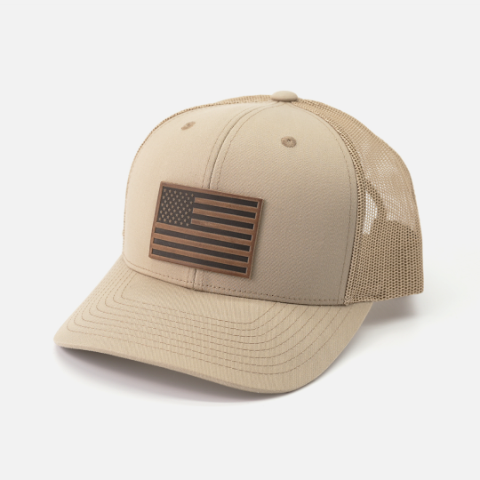 American Flag Hat - Leather Patch Trucker Snapback: Black