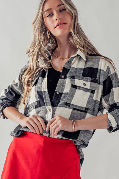 PLAID FLANNEL BUTTON DOWN SHIRT : BLACK / S-2/M-2/L-2