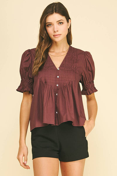 Tucked Detail Button Down Blouse - Plum
