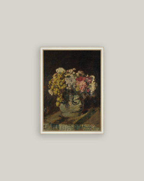 Vase of Pink & Yellow Flowers Framed Antique Art: 7x9