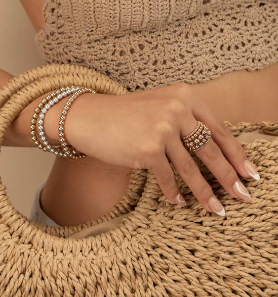 Gold Beads Bracelets- 14K Gold Steel Bead Stretch Bracelets: Yellow Gold / 6mm