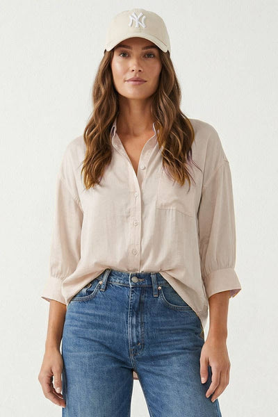 Oversized 3/4 Sleeve Button Up Blouse: Navy / M