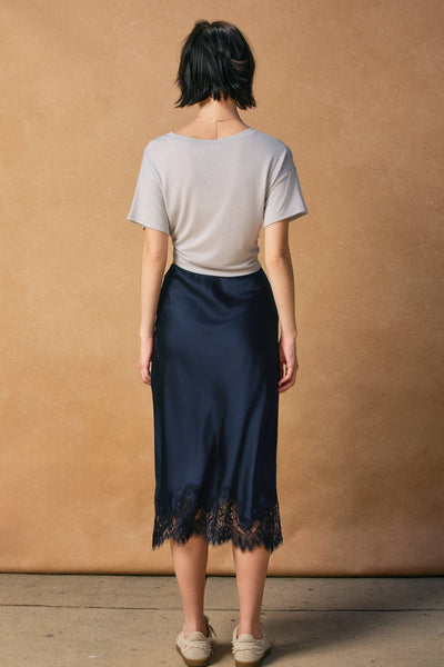 Satin Lace Hem Pencil Skirt: Dark Navy
