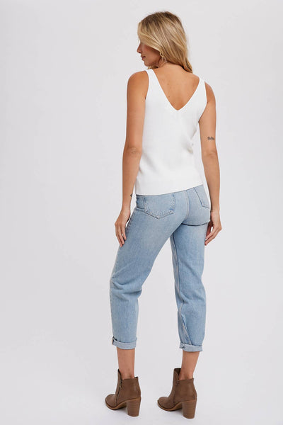V Neck Essential Knit Tank Top - White