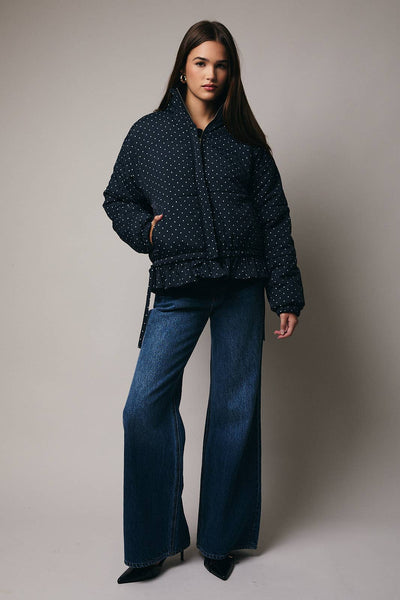 High Neck Long Sleeve Polka Dot Ruffle Quilted Jacket: Navy