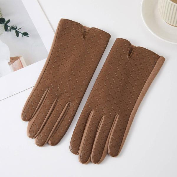 Woven Pattern Faux Leather Winter Gloves: Black