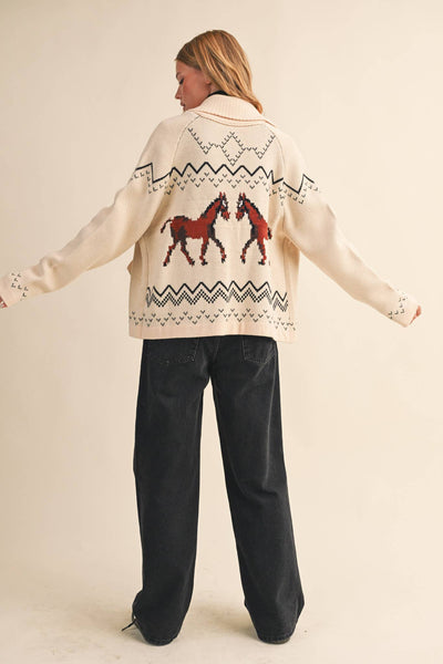 Horse Knit Sweater Cardigan: Beige Taupe