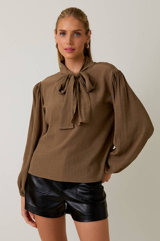 Long Sleeve Front Neck Tie Blouse: Coco