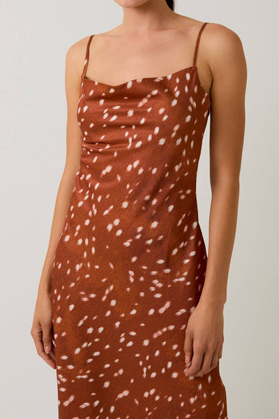 Cowl Neck Slip Midi Dress: Brown & White Animal Print