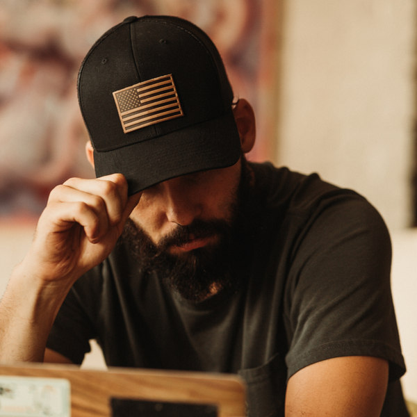 American Flag Hat - Leather Patch Trucker Snapback: Black