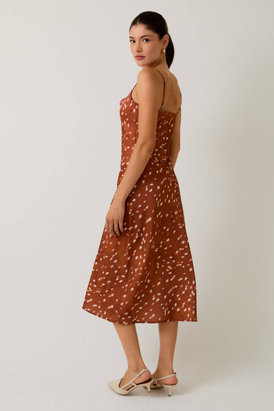 Cowl Neck Slip Midi Dress: Brown & White Animal Print