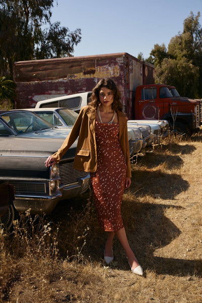 Cowl Neck Slip Midi Dress: Brown & White Animal Print