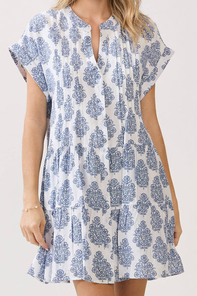 Printed Notch Neckline Tiered Mini Dress - Blue