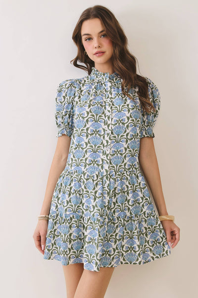 Floral Print Puff Sleeve Button Front Mini Dress - Blue