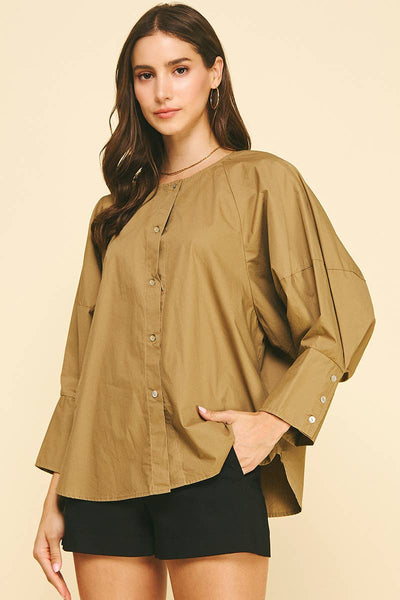Button Down Blouse Top - Khaki