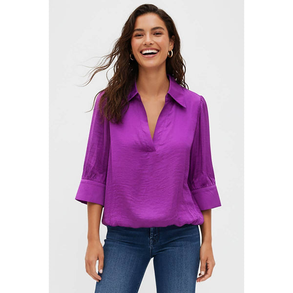 Half Sleeve Hi-lo Bubble Hem Blouse: Navy / S