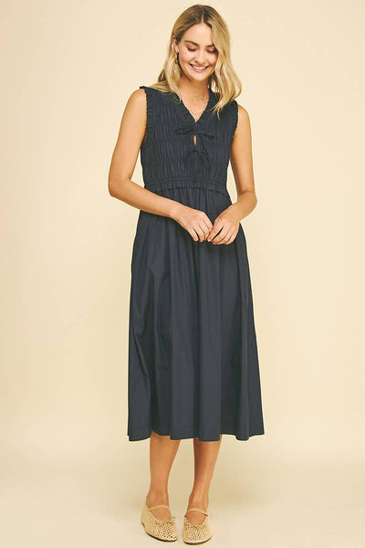 Front-Tie Smocking Midi Dress - Ink