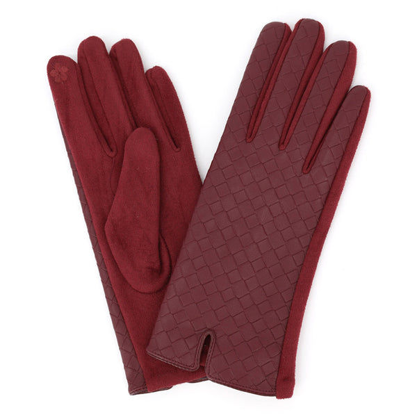Quilted Faux Leather & Faux Suede Touchscreen Gloves: Burgundy
