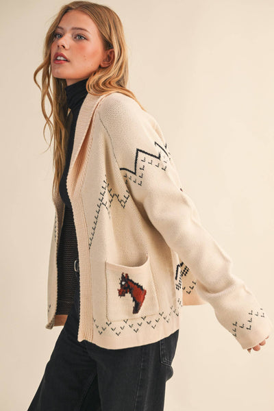 Horse Knit Sweater Cardigan: Beige Taupe