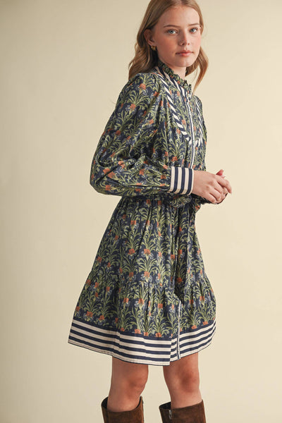 Floral Button Down Belted Mini Dress - Navy Garden