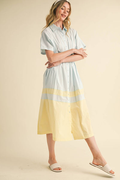 Button Down Midi Dress - Blue & Yellow