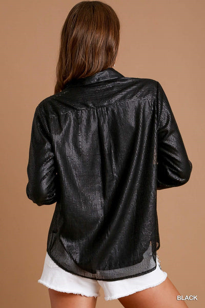 Sequin Collared Long Sleeve Top, black