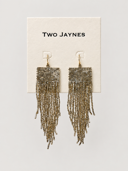 Beaded Square Fringe Earrings - Platinum