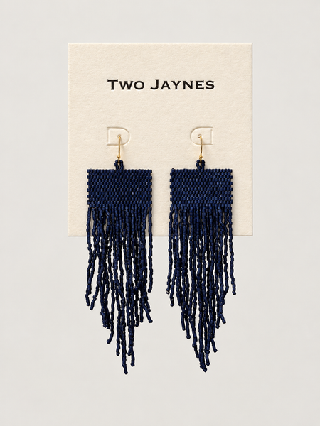 Beaded Square Fringe Earrings - Navy
