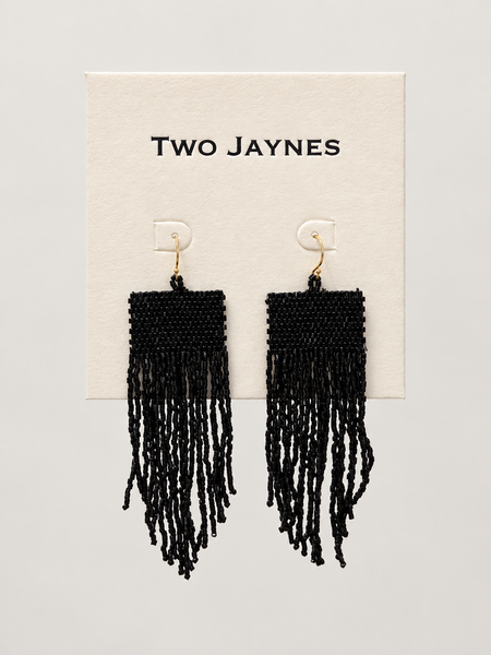 Beaded Square Fringe Earrings - Black