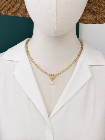 Waterproof Paperclip Carabiner Necklace with Pearl Charm - Gold