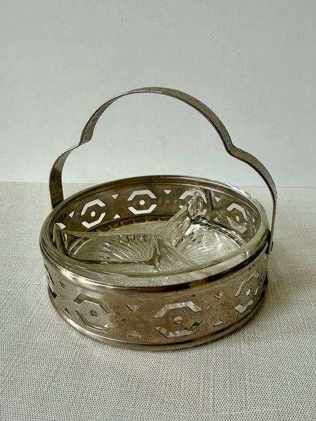 Vintage Silverplate & Glass Divided Relish Dish with Holder (KWW)