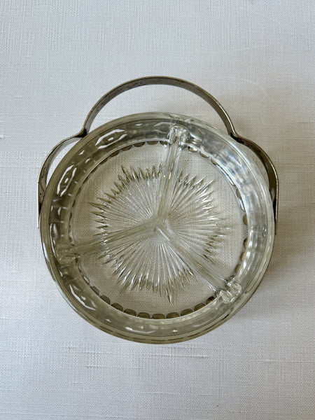 Vintage Silverplate & Glass Divided Relish Dish with Holder (KWW)