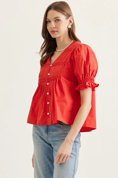 Short Sleeve Puff Sleeve Top - Tomato Red