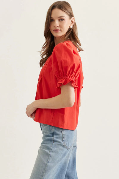 Short Sleeve Puff Sleeve Top - Tomato Red