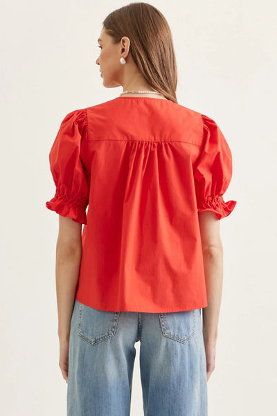 Short Sleeve Puff Sleeve Top - Tomato Red
