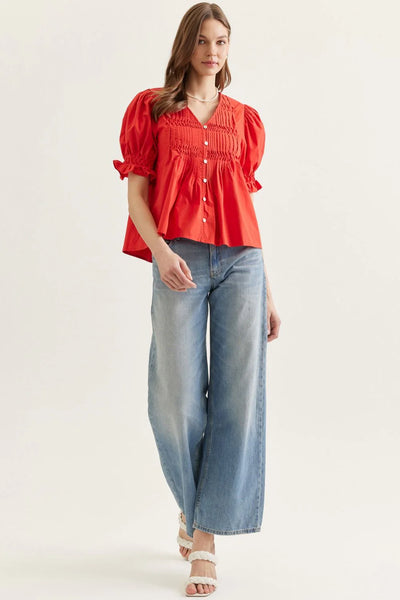 Short Sleeve Puff Sleeve Top - Tomato Red