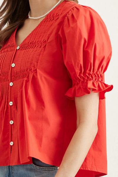 Short Sleeve Puff Sleeve Top - Tomato Red