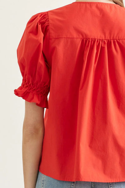 Short Sleeve Puff Sleeve Top - Tomato Red