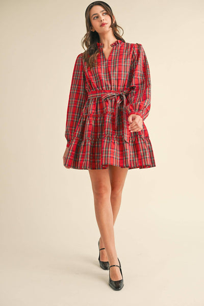 Plaid Mini Dress with Ruffle Trim