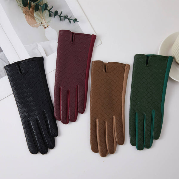 Woven Pattern Faux Leather Winter Gloves: Taupe