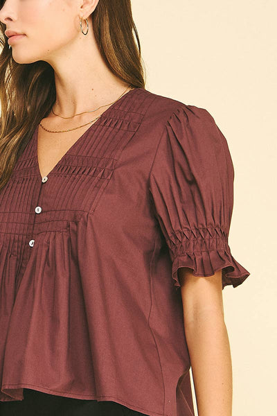 Tucked Detail Button Down Blouse - Plum