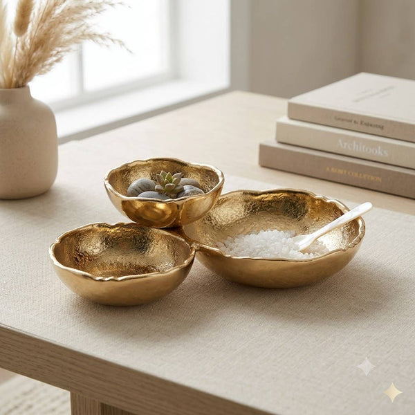 Gold Textured Aluminum 3-Bowl Cluster Dish