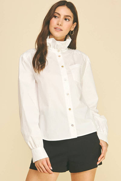 Ruffled High-neck Button Down Shirt: Off White