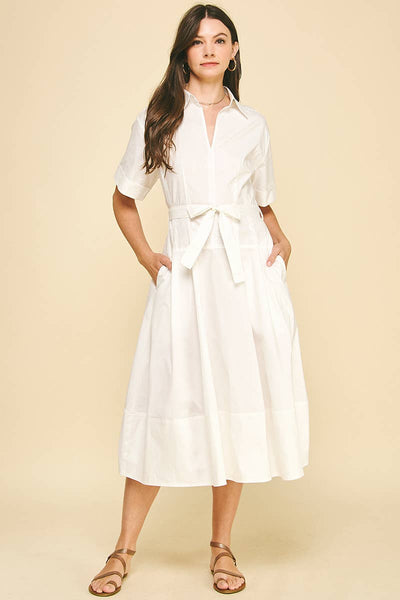 Collared V-Neck Midi Dress - Off White
